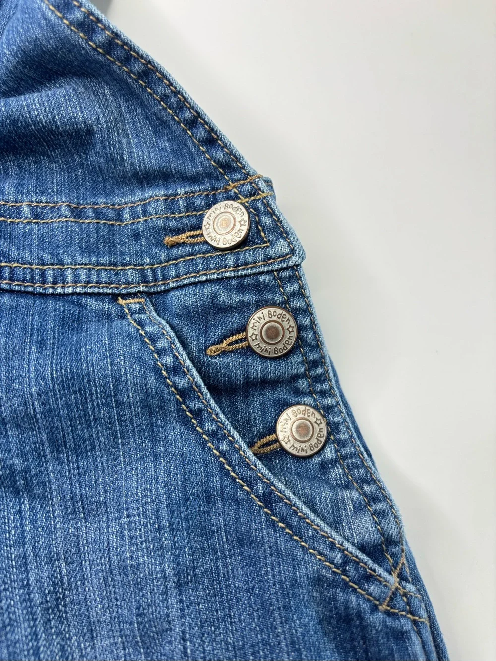 Mini Boden Blue Denim Girls' Overall Dress with Polka Dot Lining